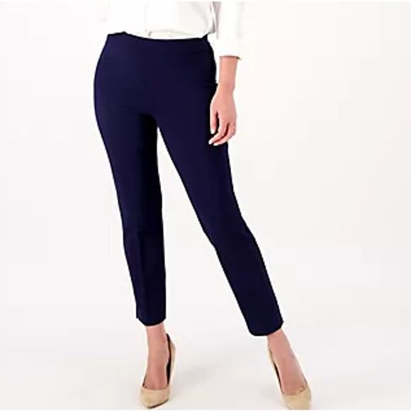 Susan Graver Every Day Regular Supreme Knit Slim Leg Pants Navy sz L EUC - Picture 1 of 9